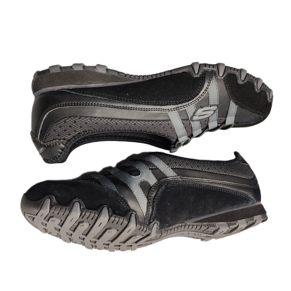 Skechers Bikers Sneakers Womens US 8 Black Gray Leather Comfort Bungee Laces EUC